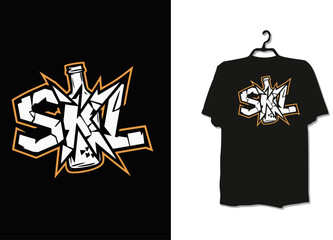 “SKL” Typography T-Shirt – Graffiti-Style Text with Bottle ‘S’ and Broken Glass Effect in Orange on Black Tee
