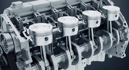 Obraz premium Detailed Engine Interior: Pistons, Crankshaft, and Connecting Rods in Silver Tones, Precision Engineering
