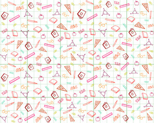 Seamless School Supplies Pattern on Grid Background