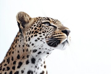 Fototapeta premium Leopard Stare: A close-up portrait of a majestic leopard gazing skyward, showcasing its distinctive spotted coat, penetrating gaze, and powerful presence. 