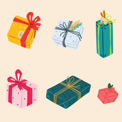 Set of six decorative present illustrations. Whimsical hand-drawn gift boxes, bags, and packages for festive celebrations and greetings.