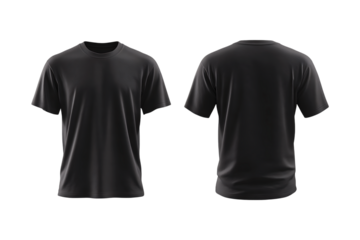 Realistic 3d render of a black crew neck short sleeve t shirt front and back views isolated on transparent background