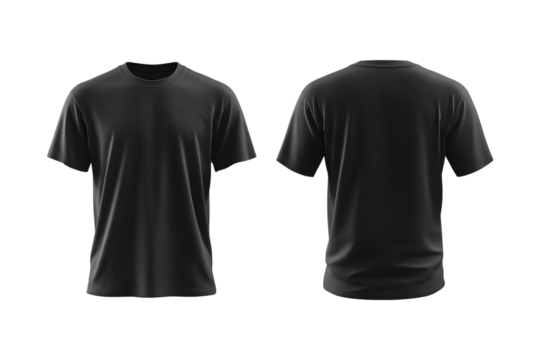 Realistic 3d render of a black crew neck short sleeve t shirt front and back views isolated on transparent background