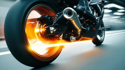 High-speed motorcycle riding at night with glowing wheels on a city street - Powered by Adobe