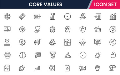 Core values vector line icons featuring integrity, teamwork, respect, responsibility, innovation, trust, ethics, commitment, leadership, and organizational culture symbols.