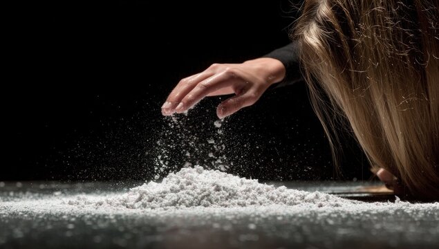 Hand delicately dropping white powdery substance onto a pile on a dark surface, creating a small cloud of dust against a black background - Powered by Adobe