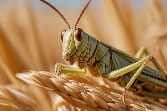 A grasshopper rests delicately on the tip of a wheat stalk