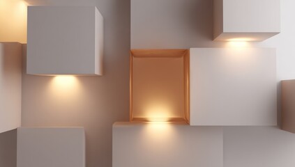 Abstract composition of white and gold cubes in varying sizes, arranged in a grid-like pattern, illuminated from within and above. Smooth textures and soft light create depth