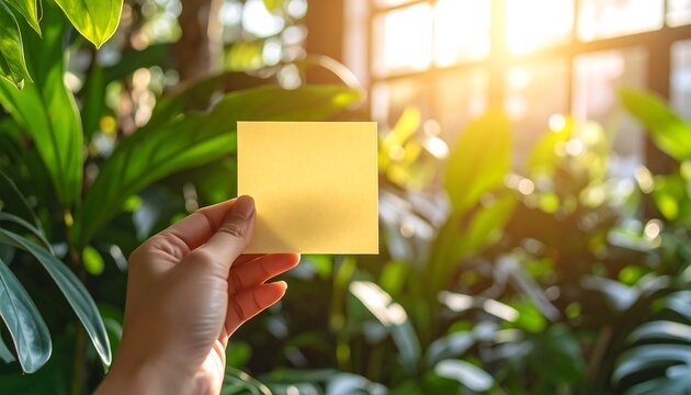 A hand holds a blank yellow sticky note against a sunlit backdrop of lush green foliage