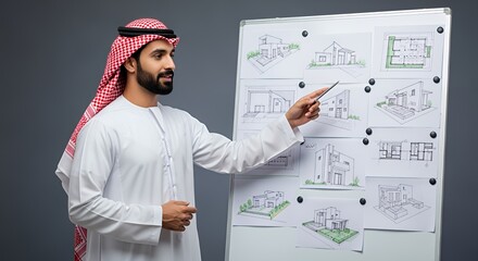 An architect in traditional Middle Eastern attire presents architectural house designs on a whiteboard.