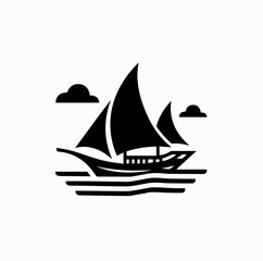 Minimalist Black Vector Logo of Phinisi Ship and Island Silhouettes Isolated on White Background	