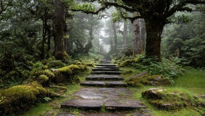 Obraz premium Moss-covered stone steps ascend through a misty, lush forest. Gnarled trees frame the path, with ferns and greenery thriving. Overcast, ethereal ambiance creates a tranquil and natural scene