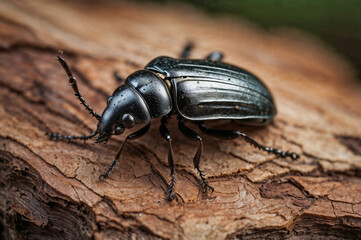 Naklejka premium A beetle crawls along a brown tree trunk, blending into the earthy tones and rugged surface.