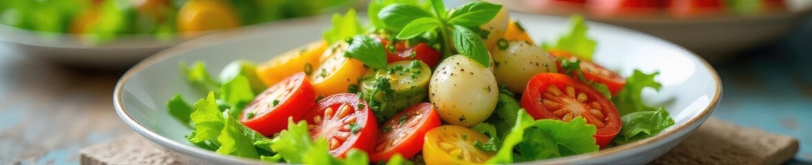 A vibrant and healthy vegetarian salad bursting with fresh, colorful vegetables and a light vinaigrette dressing, perfect for a summer lunch or light dinner , vegetarian,  mushroom,  colorful