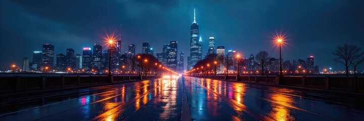 Vibrant city skyline at night, illuminated buildings and sparkling lights reflecting on wet streets after a rain shower Perfect for travel, urban, and nightlife themes , reflection, powerful