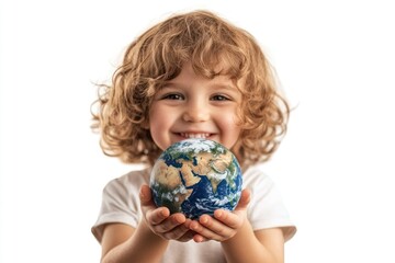 Earth in Hand: A cheerful child cradles a miniature globe, symbolizing global awareness, environmental stewardship, and the promise of a sustainable future.