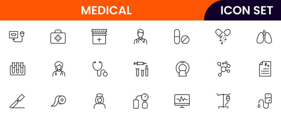 Medical vector line icons featuring stethoscopes, syringes, pills, hospitals, doctors, heartbeats, first aid, diagnostics, and healthcare equipment symbols.