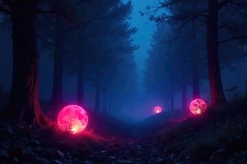 Fototapeta premium Mysterious nighttime scene with objects illuminated by an ethereal, midnight glow Perfect for fantasy, magic, or mystery themes Dark background accentuates the luminescence , enigmatic, ethereal