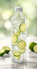 Refreshing drink in a clear bottle with ice cubes and lime slices, set on a marble surface against a soft, blurred green background. Fresh limes sit beside the bottle