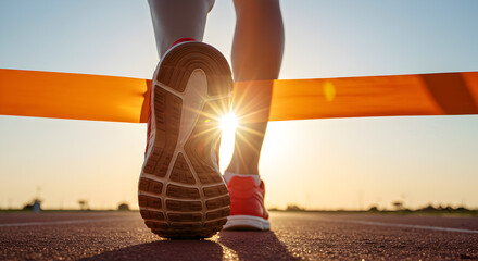 Close Up of Runner Reaching Golden Finishing Line in a Race During Sunset Sport Competition