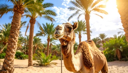 Camel in palm trees landscape