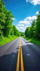 A winding asphalt road disappears into the distance, flanked by lush green trees and a vibrant blue sky The perspective creates a sense of journey and exploration , clouds, perspective, path