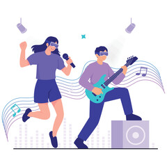 Metaverse Illustration. Vector illustration of Two characters perform music in a virtual concert using VR headsets, surrounded by vibrant sound waves and stage lights. Isolated on background