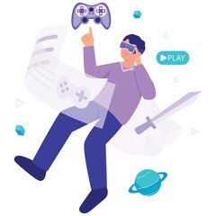 Metaverse Illustration. Vector illustration of A boy interacts with a floating game controller while immersed in a digital fantasy gaming world. Isolated on background
