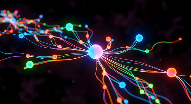 Network Brilliance: Illuminated nodes and interconnected lines representing digital information flow against a dark backdrop. Showcasing the intricate pathways of modern technology
