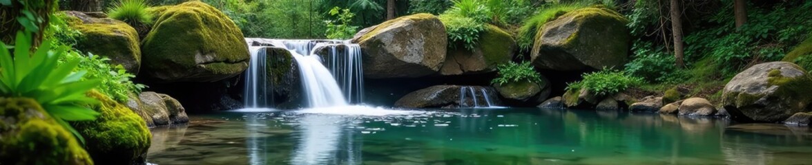 Obraz premium Serene pond waterfall cascading over mossy rocks, creating a tranquil and picturesque scene Ideal for nature, relaxation, and zen-themed projects , fresh water, water feature