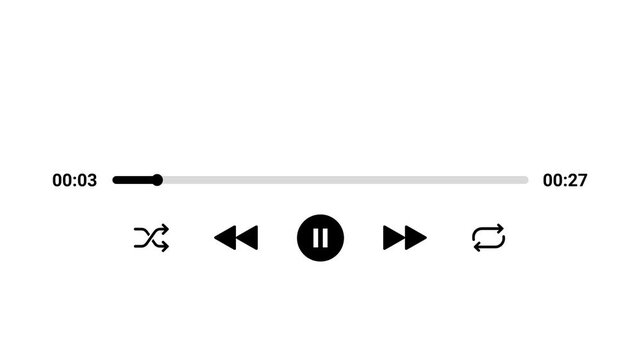 30 seconds minimal music player UI animation with a white background and sleek black controls. Layout showcases a central pause button, shuffle and repeat icons, and a smooth horizontal progress bar.