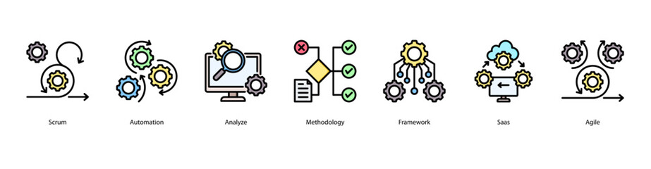 DevOps automation web banner icon vector illustration with agile automation, analytics, methodology, framework design, SaaS integration, agile teamwork, and feature releases.