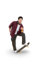 A young skateboarder with headphones enthusiastically points to the side on png background
