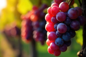 Close-up of perfectly ripe Bordeaux grapes, plump and glistening with a deep, rich color, ready for harvest Sun-drenched vines visible in the background , fruit, healthy, farming