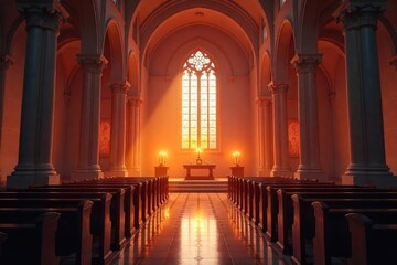 Fototapeta premium Serene church interior bathed in the warm glow of candlelight, creating a peaceful and contemplative atmosphere Perfect for religious, spiritual, or meditation themes , darkness, calm