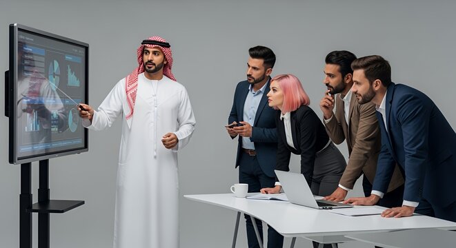 A businessman in traditional Middle Eastern attire presents a financial report to a diverse team of colleagues on a large display screen.