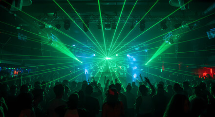 Dynamic Green Laser Show Over Silhouetted Crowd at an Indoor Event with High Energy and Darkened Atmosphere