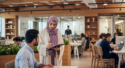 A woman in a hijab collaborates with a male colleague in a modern, open-plan , reviewing documents together.