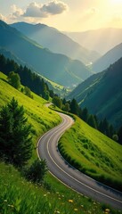 Serene winding road cuts through lush green hills, bathed in golden sunlight Perfect for travel, nature, and landscape projects , summer, rural, environment