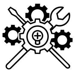 Mechanical engineering with gears, wrench, screwdriver and light bulb