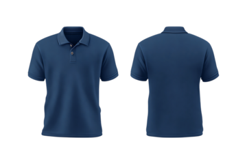 Front and back view of a classic navy blue short sleeve polo shirt with a collar and two buttons isolated on transparent background