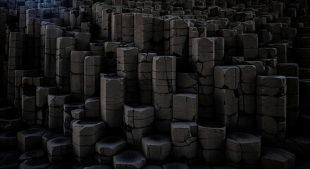 A dark wall made of hexagonal basalt columns, similar to the Giant's Causeway, creating a stunning, natural, and dramatic geometric pattern.