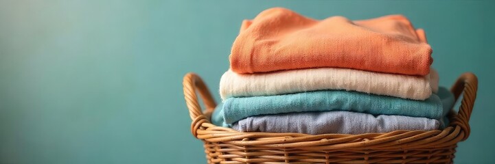 A neatly folded pile of freshly laundered clothes sits in a wicker basket, ready to be put away  Soft lighting enhances the textures and colors of the fabrics ,  linen,  home,  calm