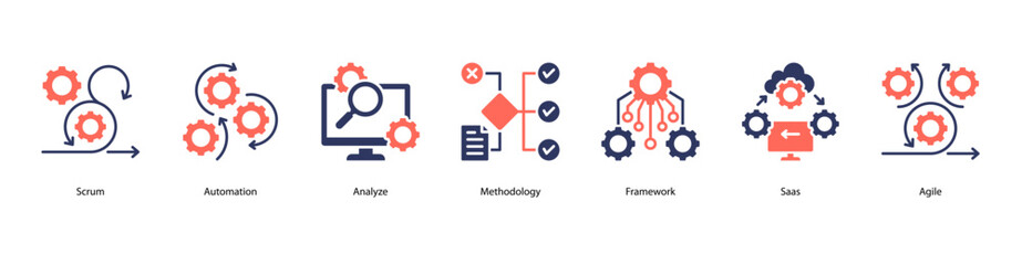 DevOps automation web banner icon vector illustration with agile automation, analytics, methodology, framework design, SaaS integration, agile teamwork, and feature releases.