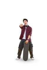 Fototapeta premium A stylish skateboarder poses confidently, inviting you to join the action on png background 