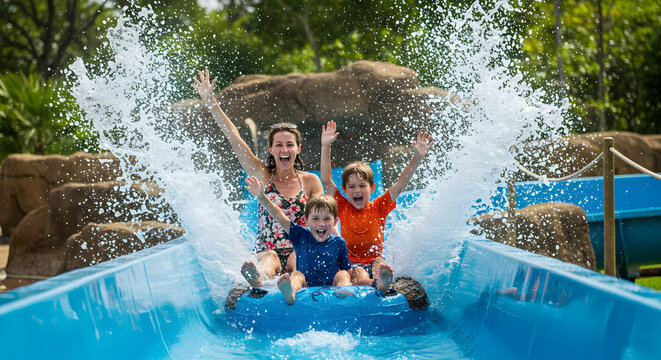 Excited Family on a Blue Water Slide with Splashing Water at an Outdoor Waterpark on a Sunny Day Filled with Lush