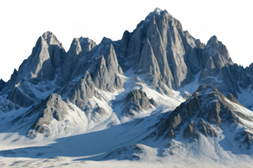 Majestic snow capped mountain range with sharp peaks isolated on transparent background
