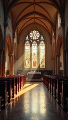Fototapeta premium Serene interior of a church, sunlight streaming through stained-glass windows illuminating the quiet sanctuary, peaceful atmosphere perfect for prayer and reflection , structure, divine