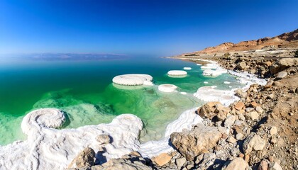 Obraz premium Serene view of the Dead Sea's unique salt formations under a clear blue sky
