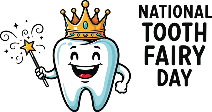 Cartoon of a Happy Tooth Character Wearing a Golden Crown and Holding a Magic Wand Celebrating National Tooth Fairy Day, Promoting Dental Health and Oral Hygiene Awareness